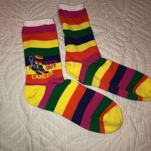 multicolor “sock out cancer” socks